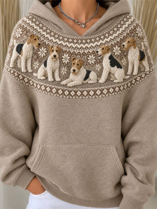 Women's Vintage Wire Fox Terrier Dogs Yoke Isle Pattern Print Hoodie