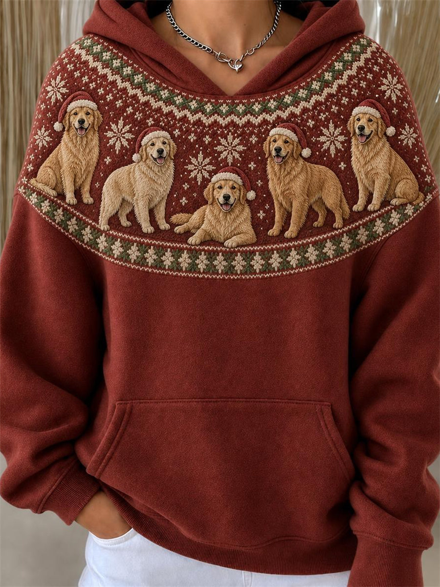 Women's Christmas Golden Retriever Dogs Yoke Isle Pattern Print Hoodie