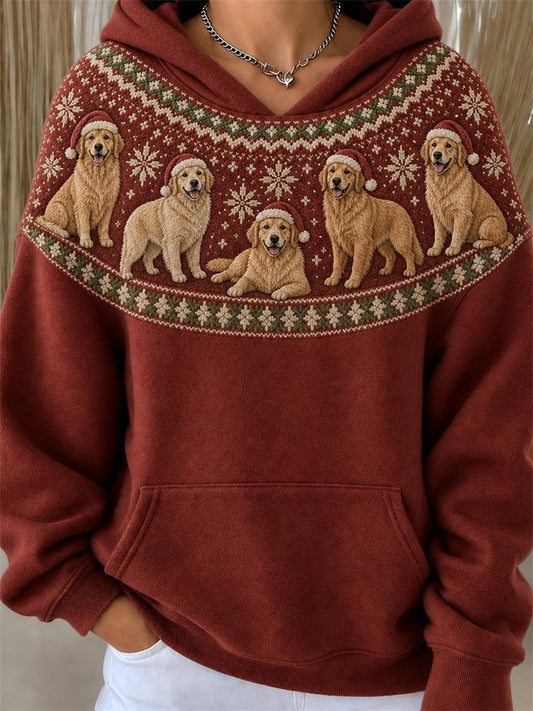 Women's Christmas Golden Retriever Dogs Yoke Isle Pattern Print Hoodie