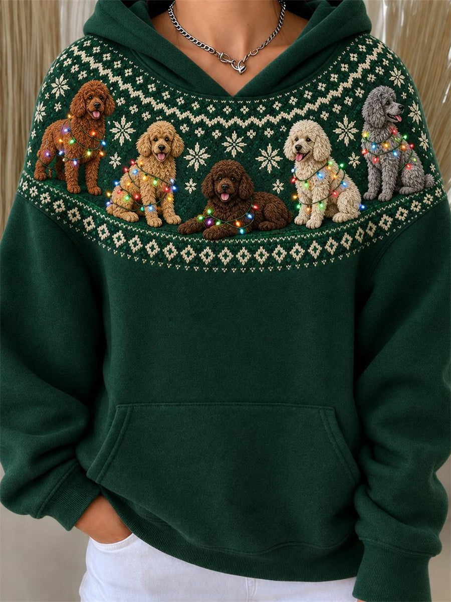 Women's Christmas Poodle Dogs Yoke Isle Pattern Print Hoodie