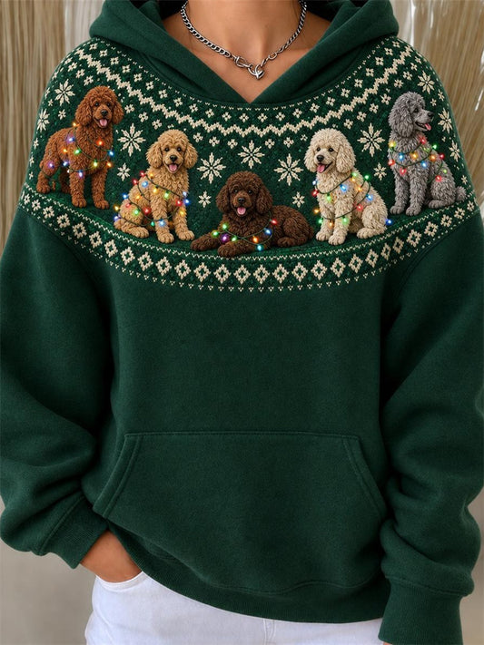 Women's Christmas Poodle Dogs Yoke Isle Pattern Print Hoodie