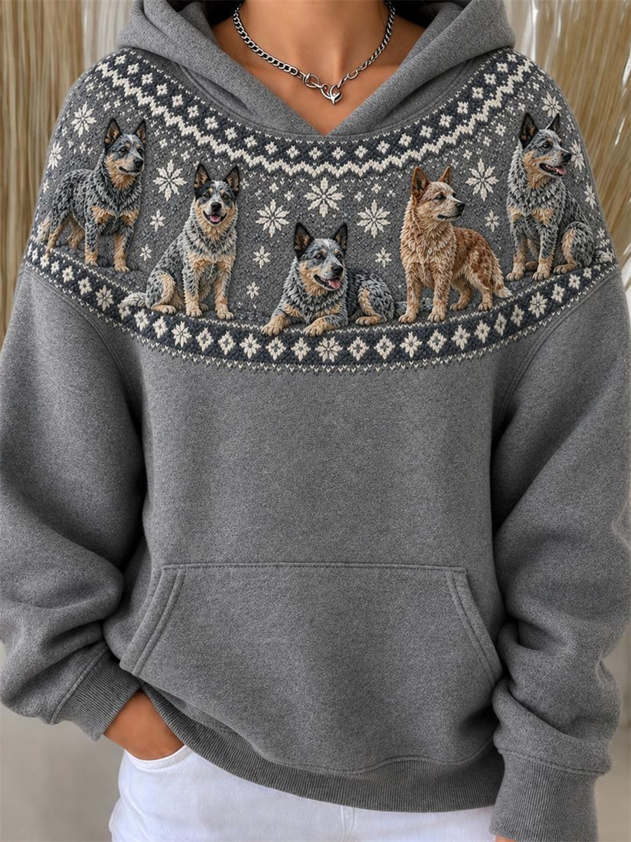 Women's Vintage Cattle Dogs Yoke Isle Pattern Print Hoodie