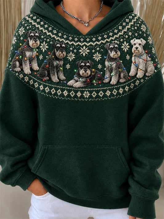 Women's Christmas Schnauzer Dogs Yoke Isle Pattern Print Hoodie