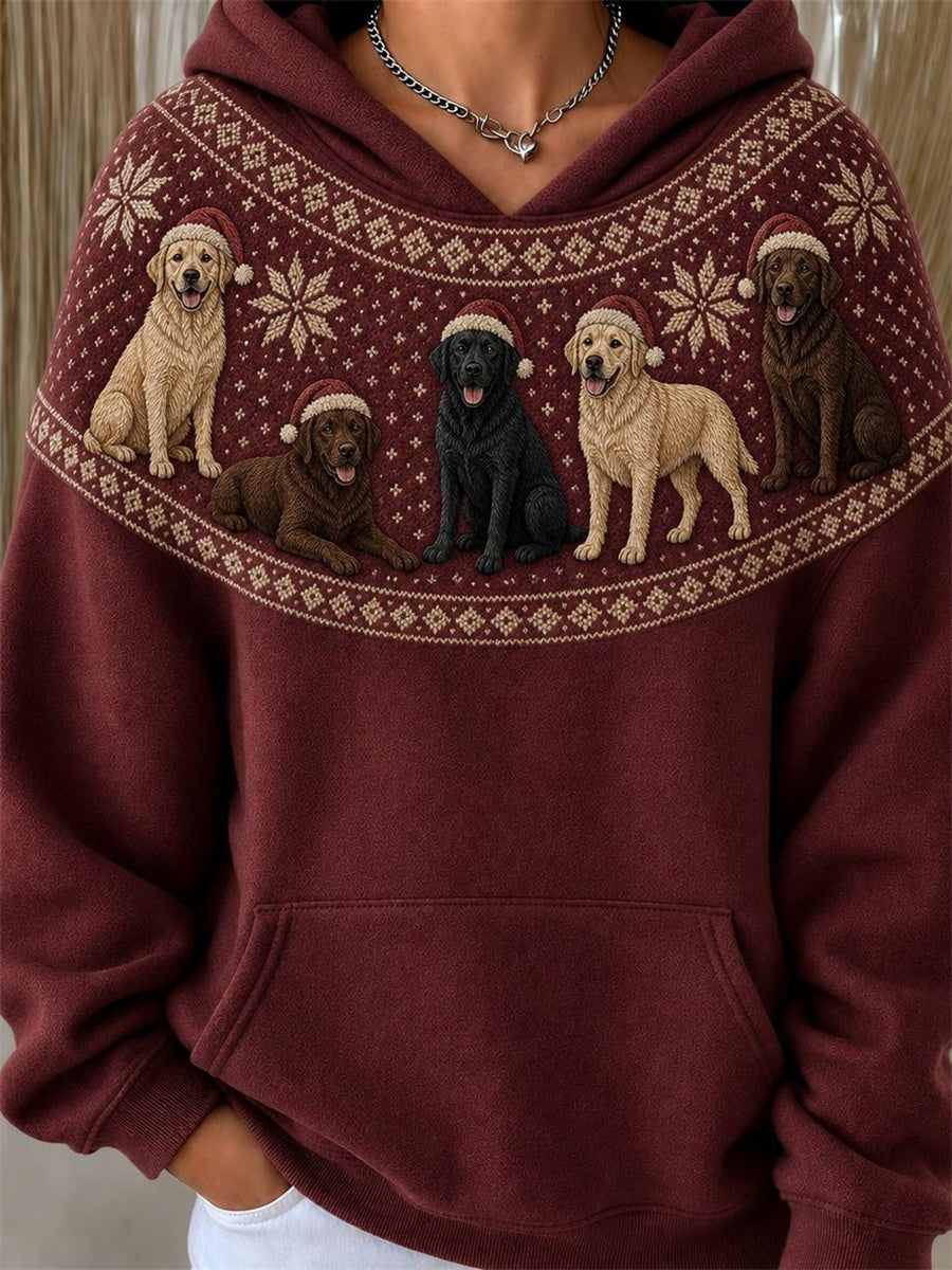 Women's Christmas Labrador Dogs Yoke Isle Pattern Print Hoodie