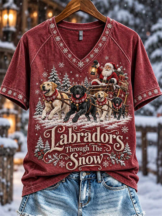 Women's Labradors Through The Snow Christmas Santa Claus & Dogs Print short-sleeved T-shirt