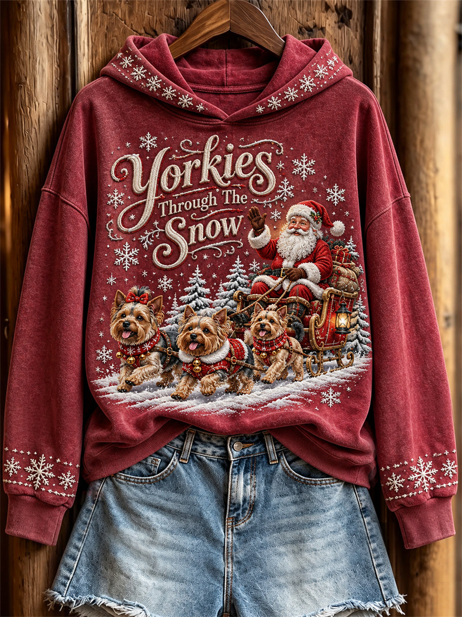 Women's Yorkies Through The Snow Christmas Santa Claus & Dogs Print Hoodie