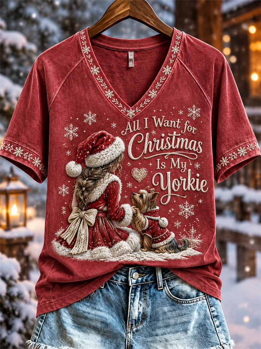 Women's All I Want For Christmas Is My Yorkie Woman & Dog Print short-sleeved T-shirt