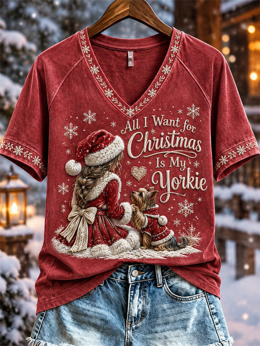 Women's All I Want For Christmas Is My Yorkie Woman & Dog Print short-sleeved T-shirt