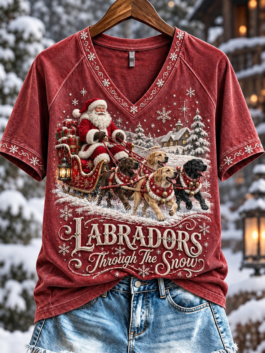 Women's Labradors Through The Snow Christmas Santa Claus & Dogs Print short-sleeved T-shirt