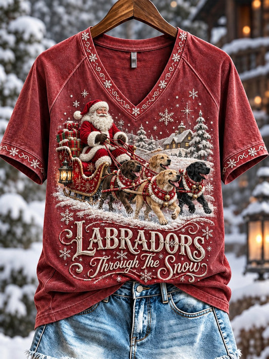 Women's Labradors Through The Snow Christmas Santa Claus & Dogs Print short-sleeved T-shirt