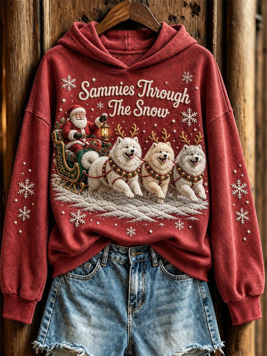 Women's Sammies Through The Snow Christmas Santa Claus & Dogs Print Hoodie