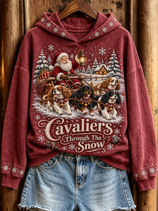 Women's Cavaliers Through The Snow Christmas Santa Claus & Dogs Print Hoodie