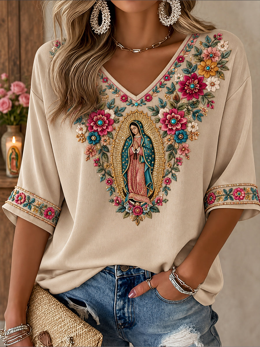 Women's Our Lady of Guadalupe Day Faith Lover Art Printed T-shirt