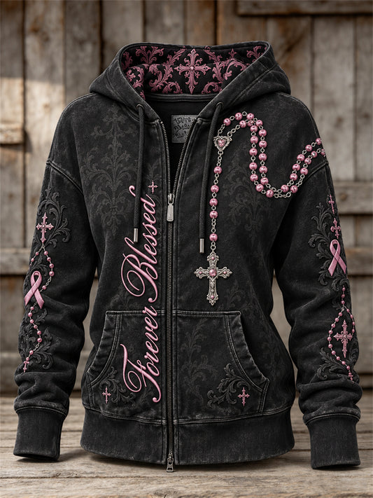Women's Forever Blessed Cross Beaded Pendant & Pink Ribbon Print Full Zip Hoodie