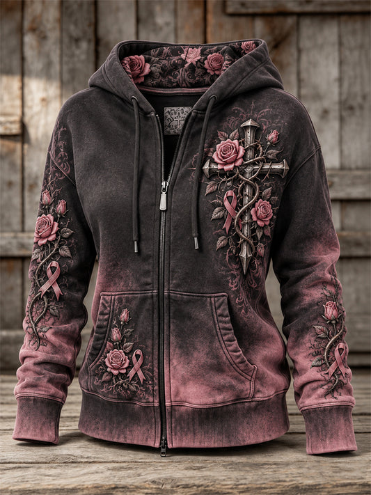 Women's Gothic Cross Pink Ribbon Roses Floral Gradient Color Print Full Zip Hoodie