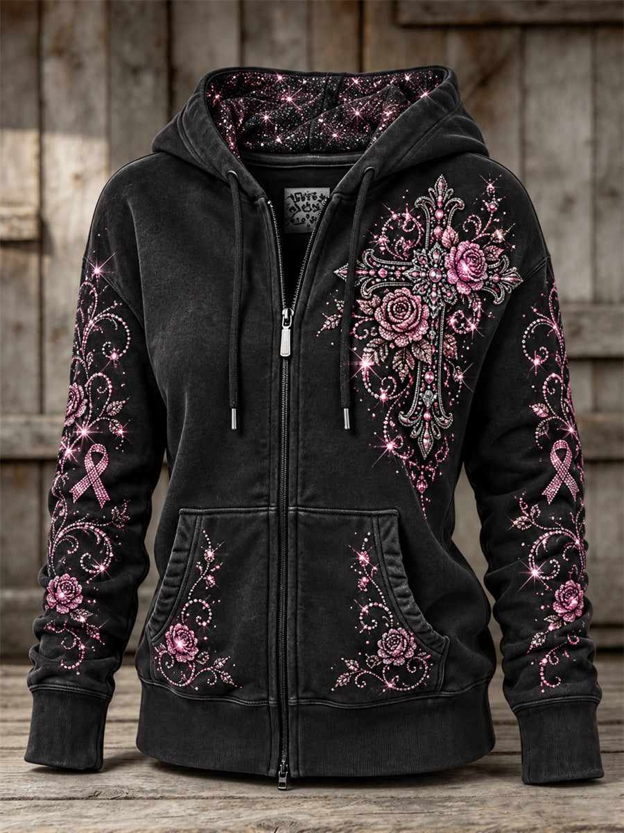 Women's Vintage Pink Ribbon Gothic Cross & Roses Floral Glitter Print Full Zip Hoodie