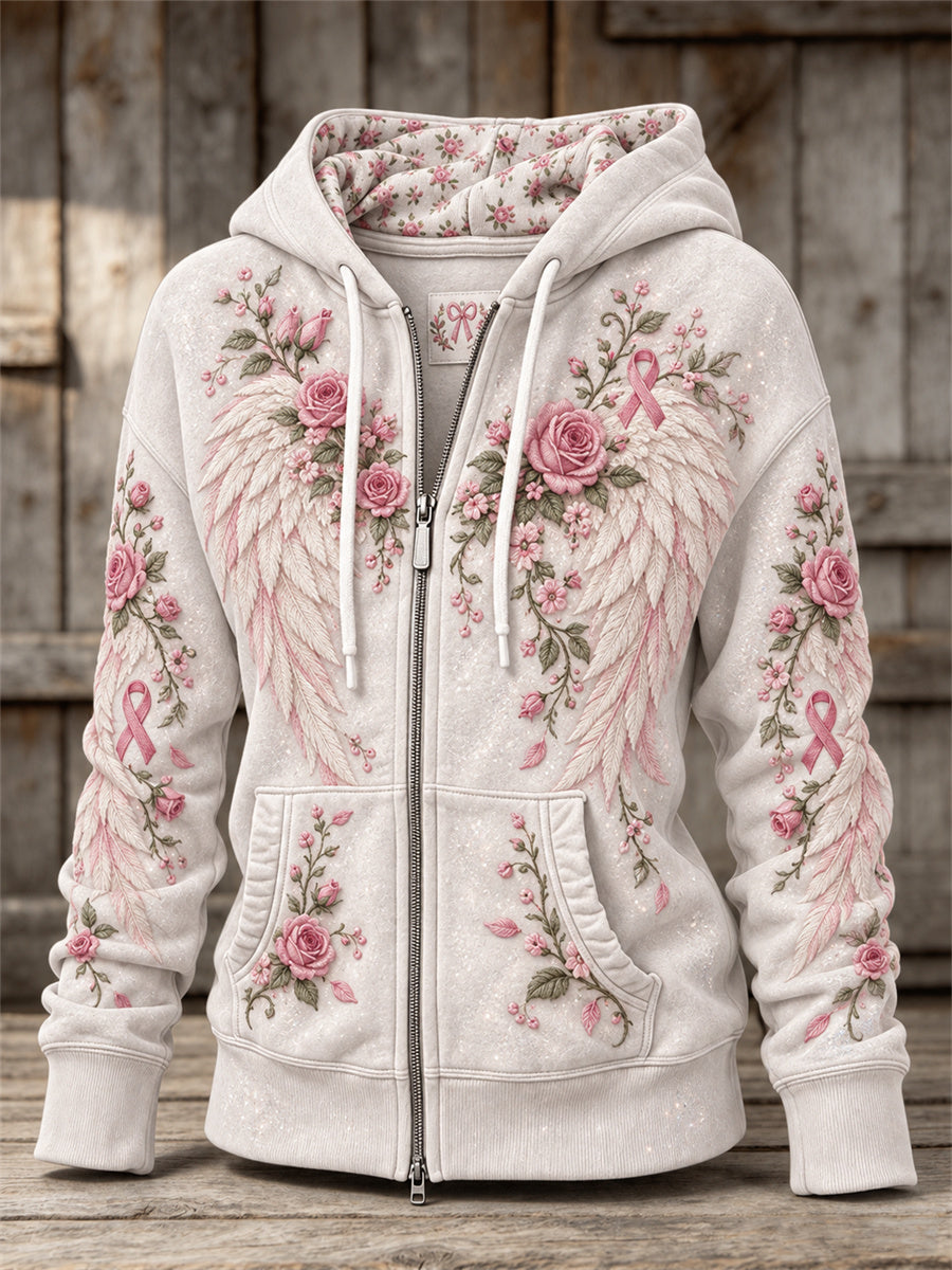 Women's Vintage Wings & Pink Ribbon Roses Floral Print Full Zip Hoodie