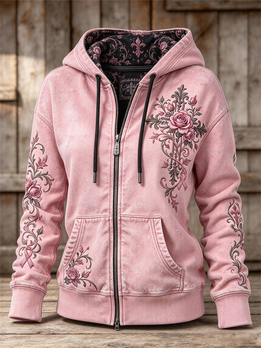Women's Vintage Pink Ribbon Gothic Cross Roses Floral Art Print Full Zip Hoodie