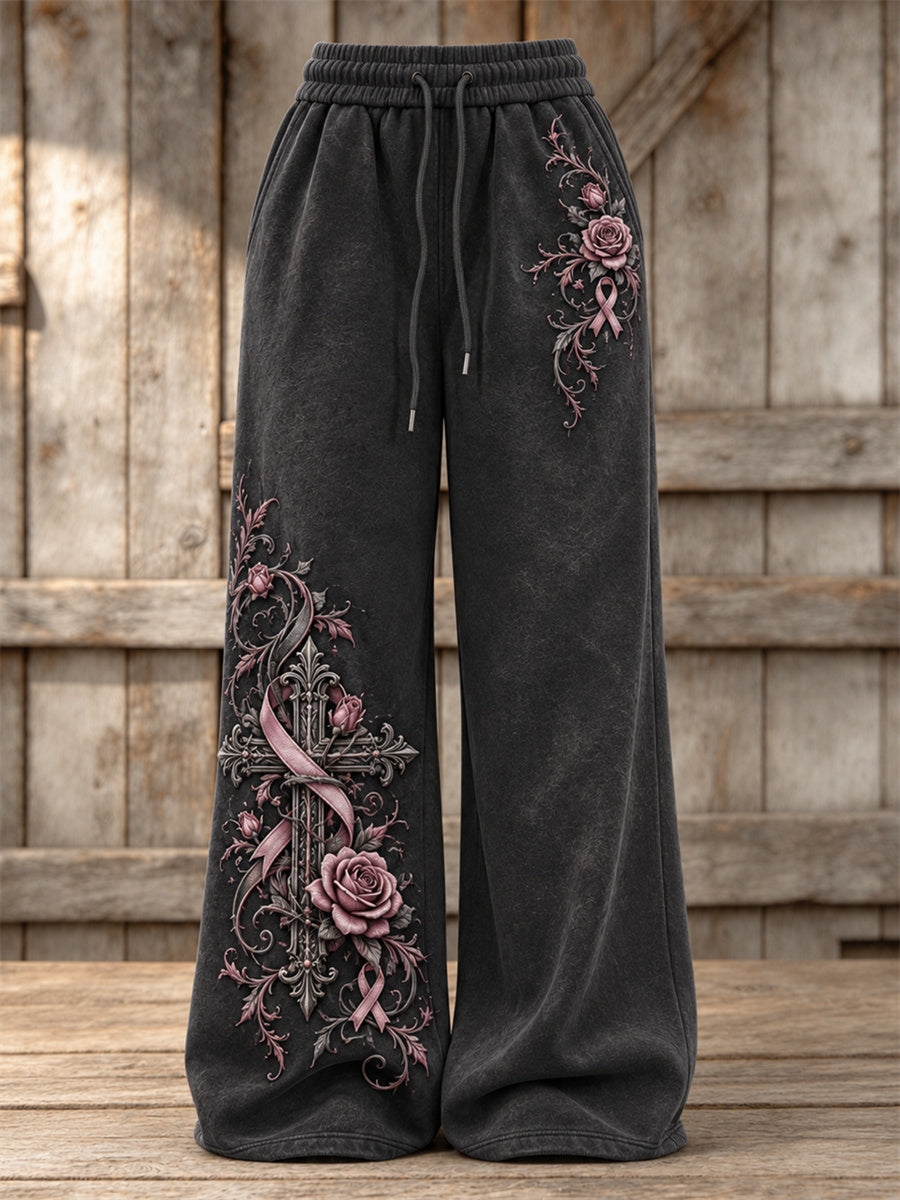 Women's Vintage Gothic Cross & Pink Ribbon Roses Floral Print Wide Leg Sweatpants