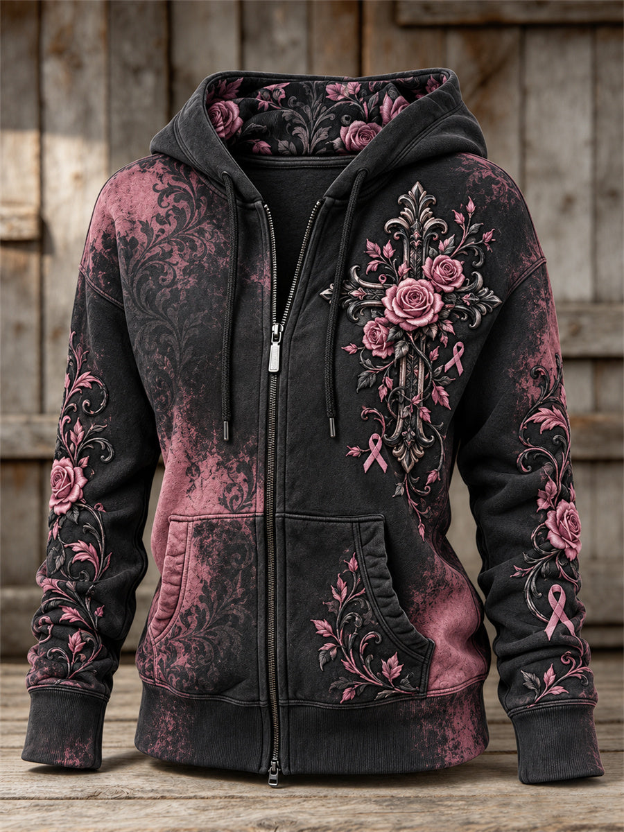Women's Gothic Cross Pink Ribbon Roses Floral Pink Bleached Full Zip Hoodie