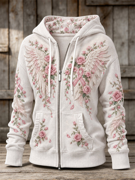 Women's Vintage Wings & Pink Ribbon Roses Floral Print Full Zip Hoodie