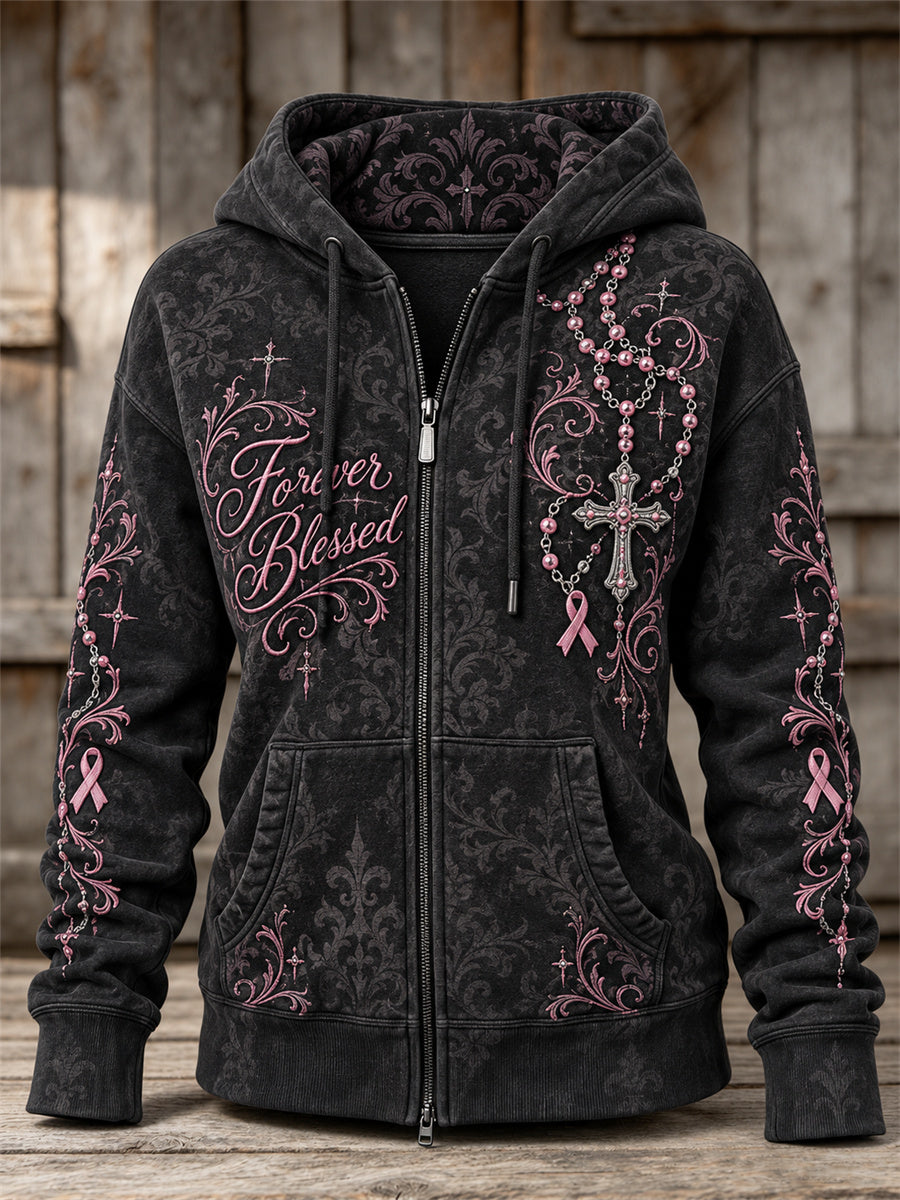 Women's Forever Blessed Cross Beaded Pendant & Pink Ribbon Gothic Print Full Zip Hoodie