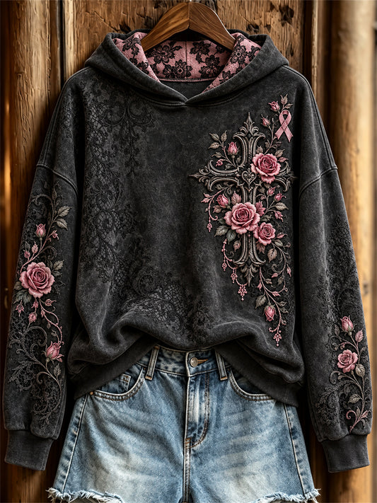 Women's Vintage Gothic Cross & Pink Ribbon Roses Floral Lace Print Hoodie