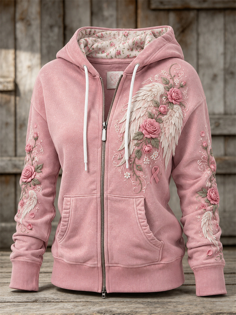 Women's Vintage Wings & Pink Ribbon Roses Floral Print Full Zip Hoodie