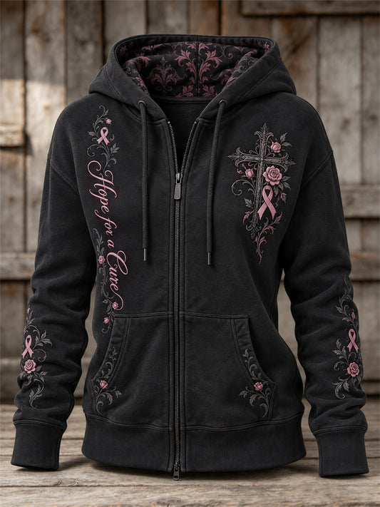 Women's Hope For A Cure Gothic Cross & Pink Ribbon Roses Floral Print Full Zip Hoodie