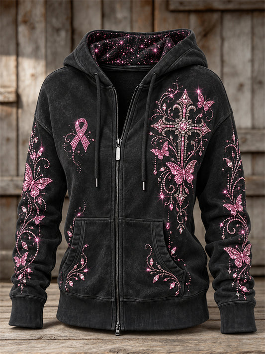 Women's Vintage Pink Ribbon Gothic Cross & Butterflies Glitter Print Full Zip Hoodie