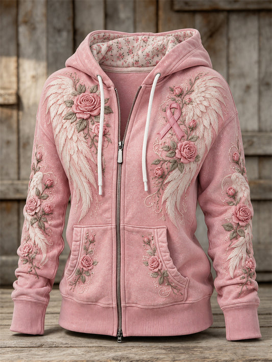 Women's Vintage Wings & Pink Ribbon Roses Floral Print Full Zip Hoodie