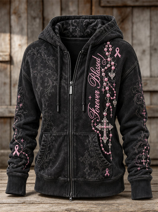 Women's Forever Blessed Cross Beaded Pendant & Pink Ribbon Gothic Print Full Zip Hoodie