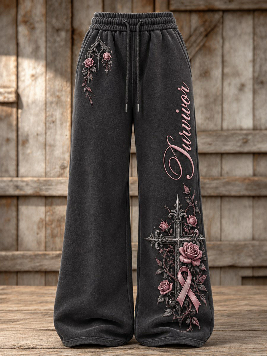Women's Survivor Gothic Cross & Pink Ribbon Roses Floral Print Wide Leg Sweatpants