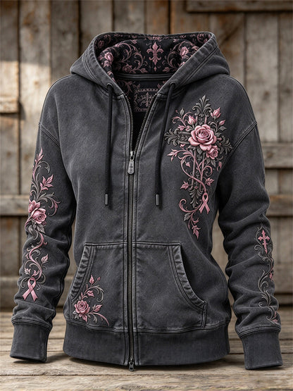 Women's Vintage Pink Ribbon Gothic Cross Roses Floral Art Print Full Zip Hoodie