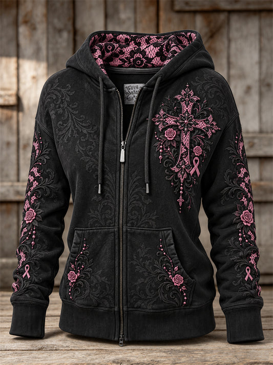 Women's Vintage Gothic Cross & Pink Ribbon Roses Lace Art Print Full Zip Hoodie