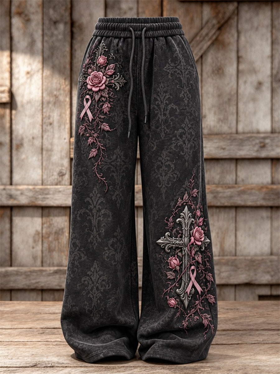 Women's Vintage Gothic Cross & Pink Ribbon Roses Floral Print Wide Leg Sweatpants