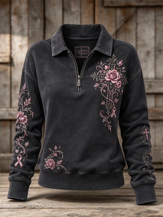 Women's Gothic Cross Pink Ribbon Roses Floral Print Zip Up Sweatshirt