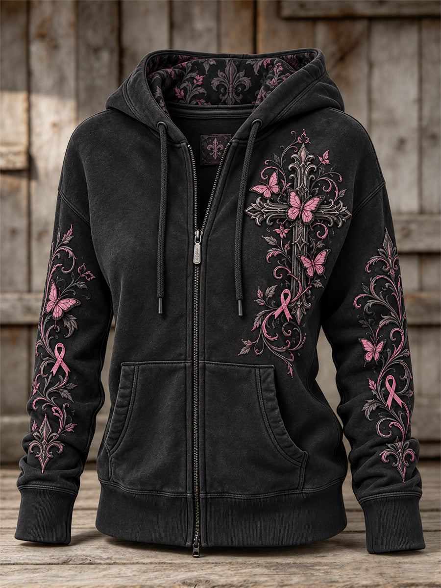Women's Vintage Pink Ribbon Gothic Cross & Butterflies Print Full Zip Hoodie