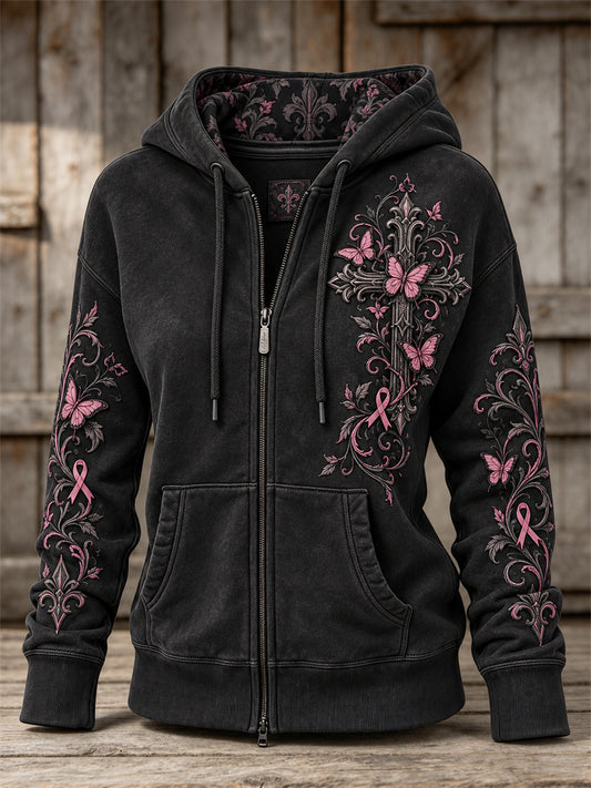 Women's Vintage Pink Ribbon Gothic Cross & Butterflies Print Full Zip Hoodie