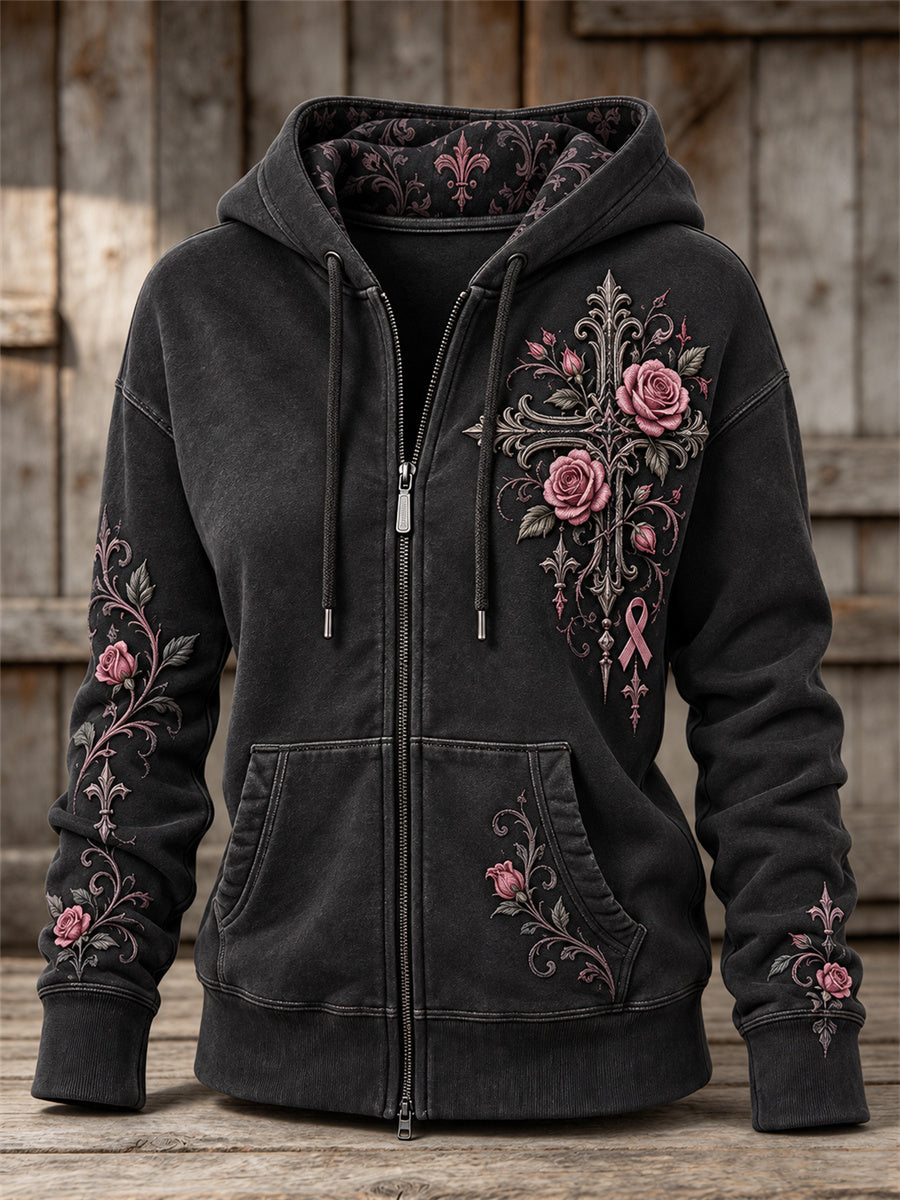 Women's Vintage Pink Ribbon Gothic Cross & Roses Floral Print Full Zip Hoodie