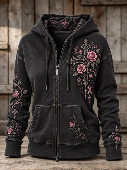 Women's Vintage Pink Ribbon Gothic Cross & Roses Floral Print Full Zip Hoodie