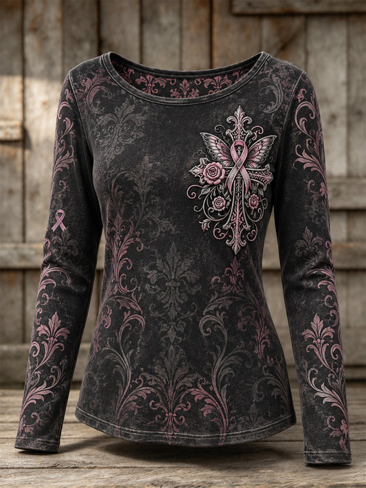 Women's Pink Corss and Pink Charity Ribbon Pattern Design Casual Velour Oversized Round Neck T-Shirt