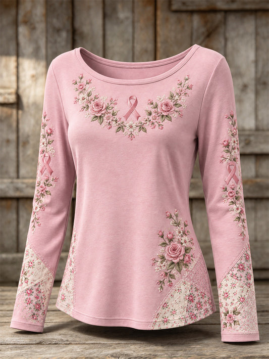 Women's Pink Rose and Pink Charity Ribbon Pattern Design Casual Velour Oversized Round Neck T-Shirt