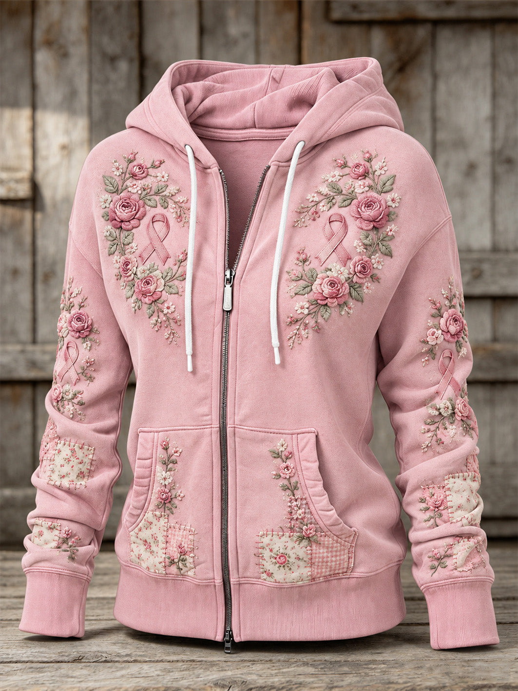 Women's Pink Rose and Pink Charity Ribbon Pattern Design Casual Zip-Up Hoodie