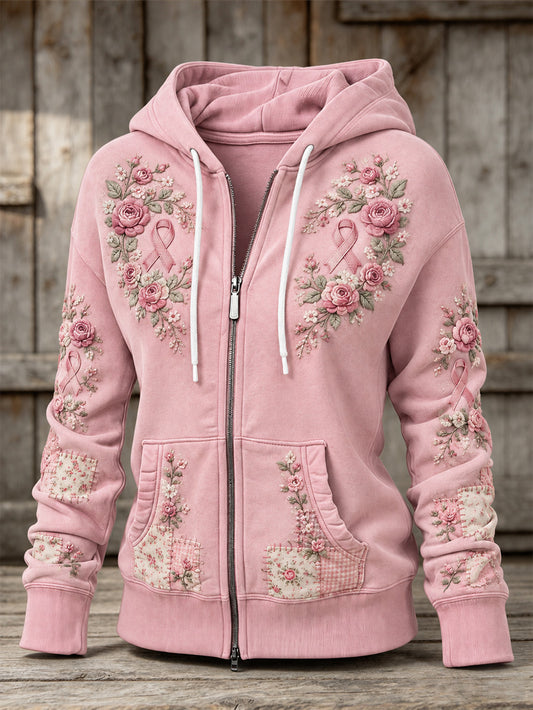 Women's Pink Rose and Pink Charity Ribbon Pattern Design Casual Zip-Up Hoodie