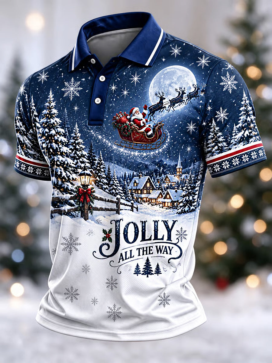 Men's Retro Christmas Jolly All The Way Santa Claus Print Casual Polo Shirt