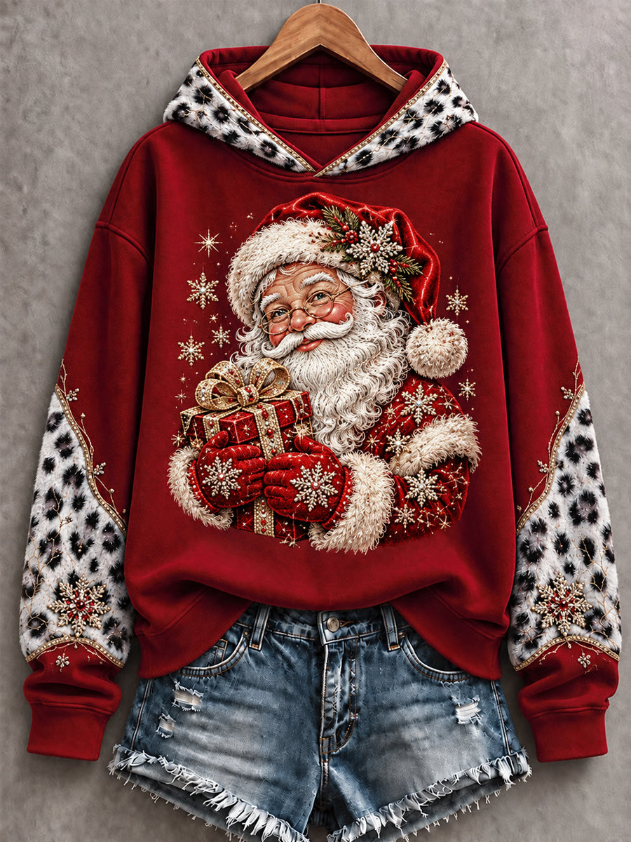 Women's Christmas Santa Claus Leopard Print Casual Hoodie