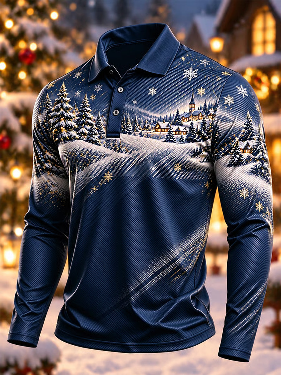 Men's Christmas Print Casual Long Sleeve Polo Shirt