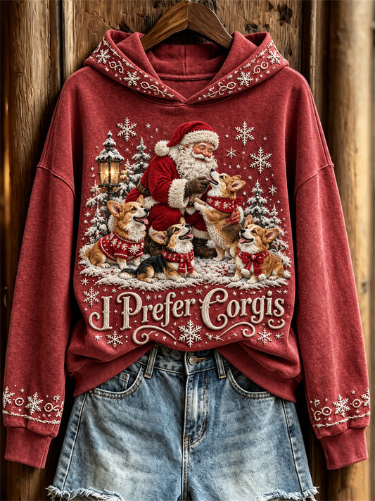 Women's I Prefer Corgis Christmas Santa Claus & Dogs Print Hoodie
