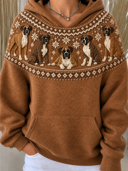 Women's Vintage Boxer Dogs Yoke Isle Pattern Print Hoodie